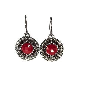 Costume Jewelry Dangle Earrings Dark Red Faceted Acrylic Drop Disc Silver Tone